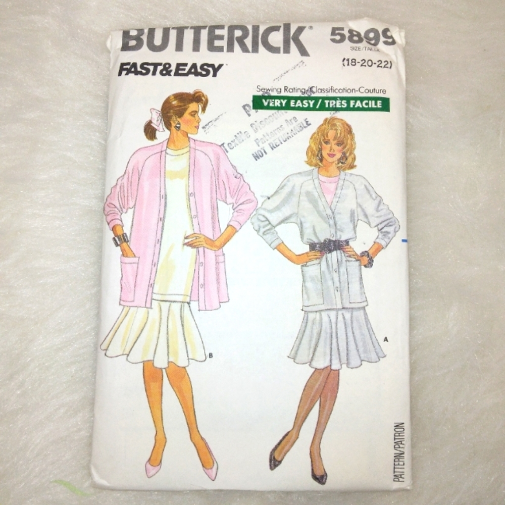Butterick 5899 EASY Cardigan, Top Skirt Size 18-20-22. Fast & Easy